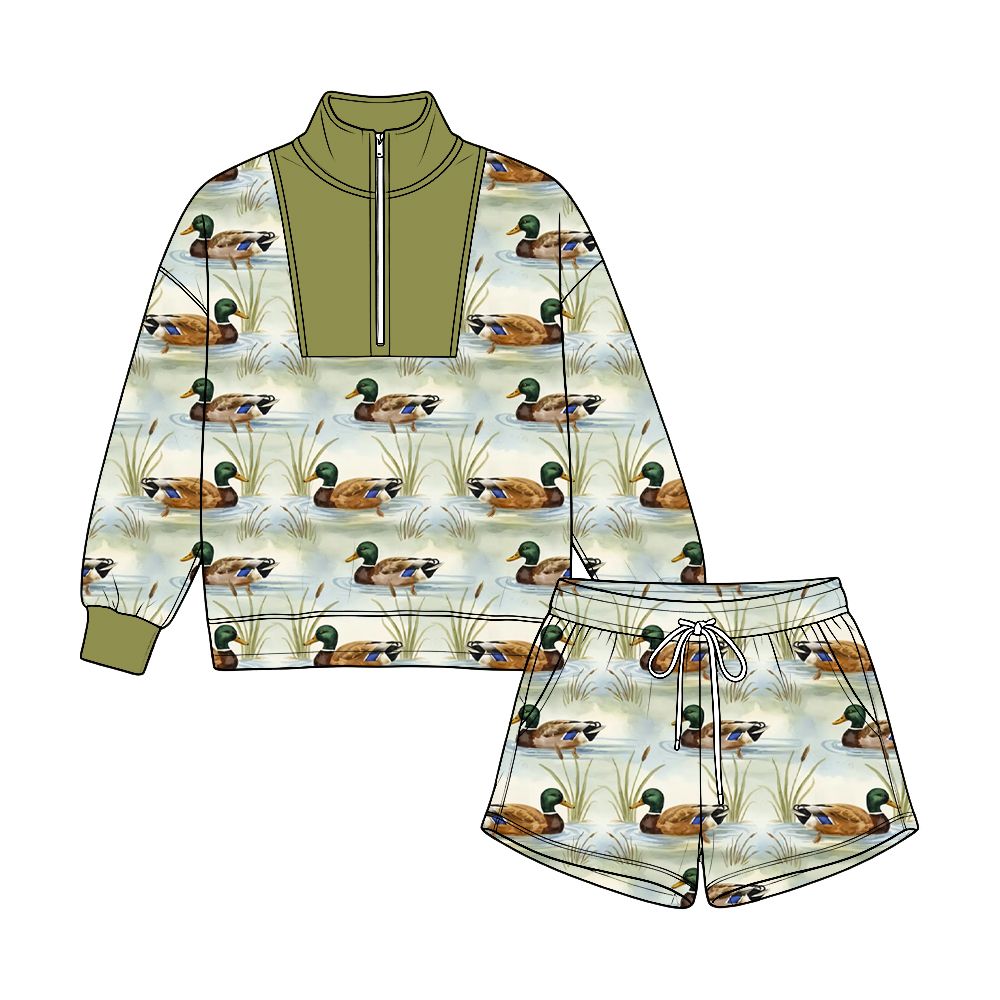 ( Moq 5 ) Preorder Baby Boys Toddler Long Sleeves Zipper Pullover Pockets Shorts  Set Ducks Clothes