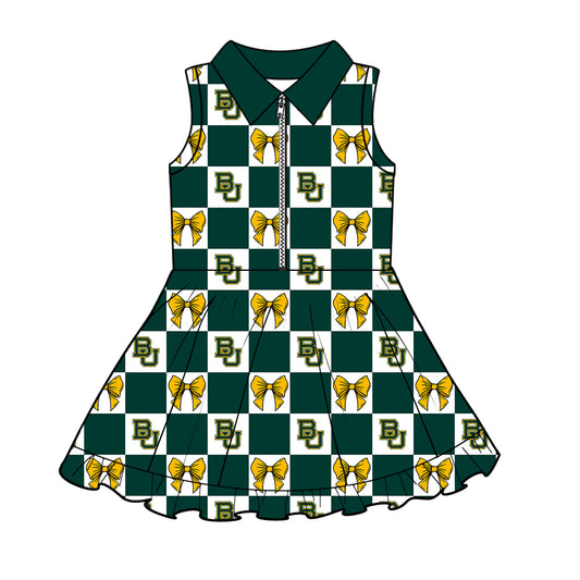 ( Moq 5 ) Baby Girls Kids Toddler BU Bows Green Checked Team Zipper Shorts Knee Length Dress