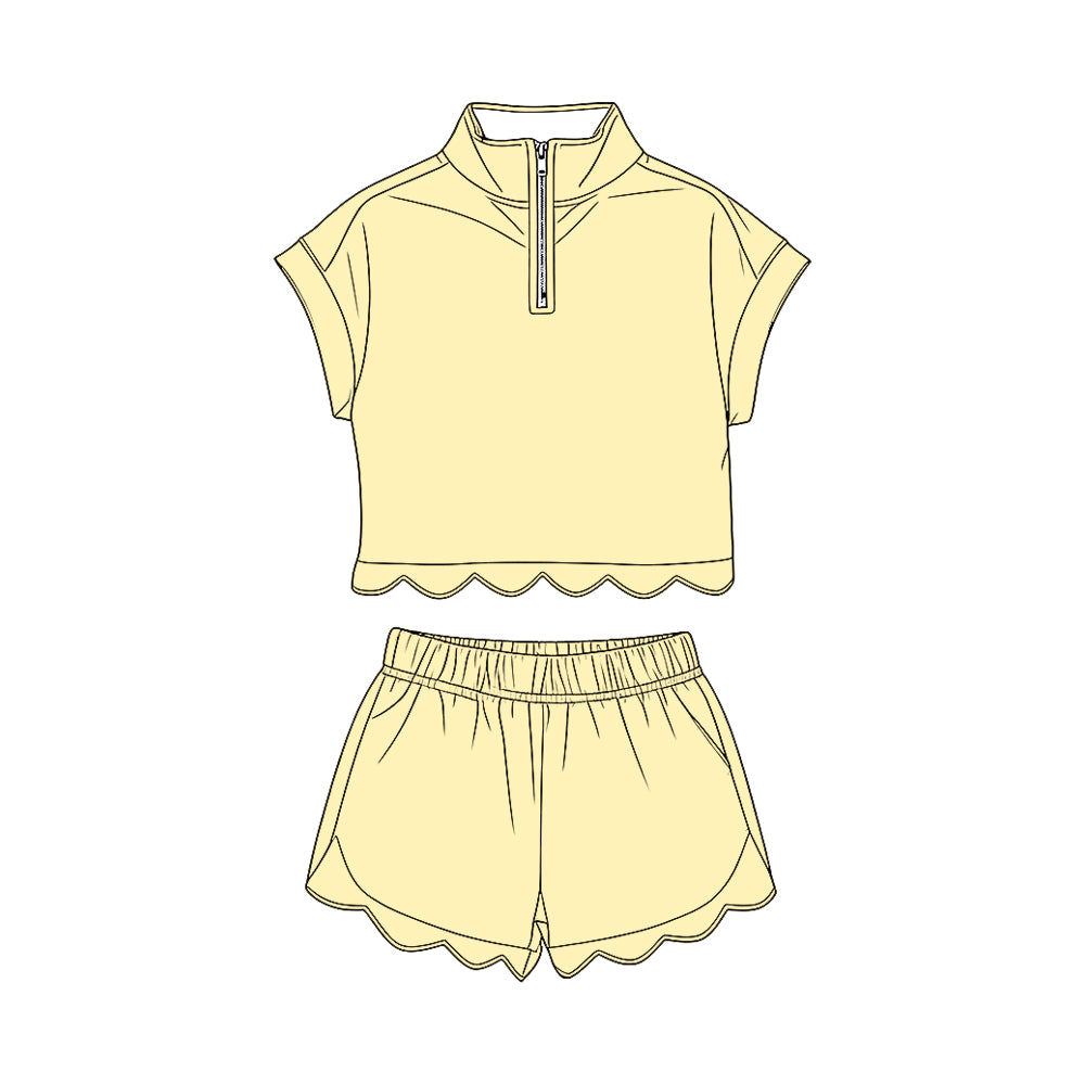 ( Moq 5 ) Preorder Baby Girls Kids Short Sleeves Zipper Shirt Scallop Shorts Set Yellow Clothes