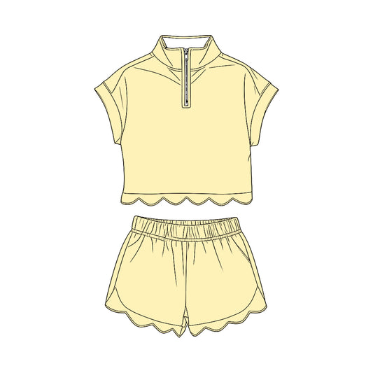 ( Moq 5 ) Preorder Baby Girls Kids Short Sleeves Zipper Shirt Scallop Shorts Set Yellow Clothes