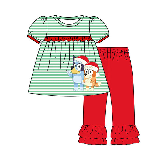 Baby Girl Christmas Dogs Green Strips Tunic Red Pants Set