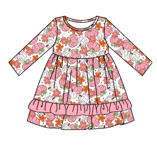 Baby Girl Pink Pumpkins Flower Long Sleeves Dress