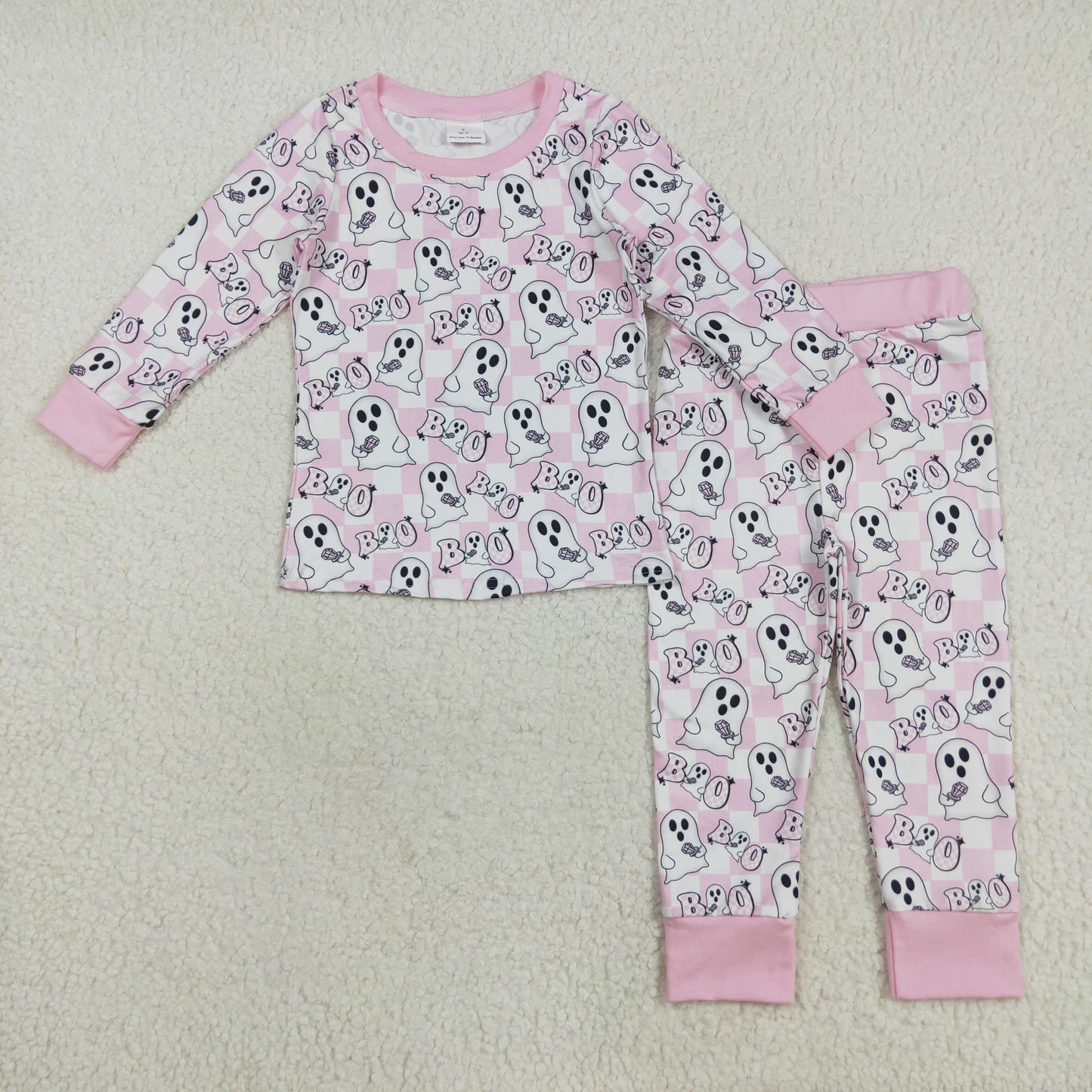 Baby Girl Long Sleeves Halloween Ghost Plaid Shirt Pants Pajamas Pink Set RTS