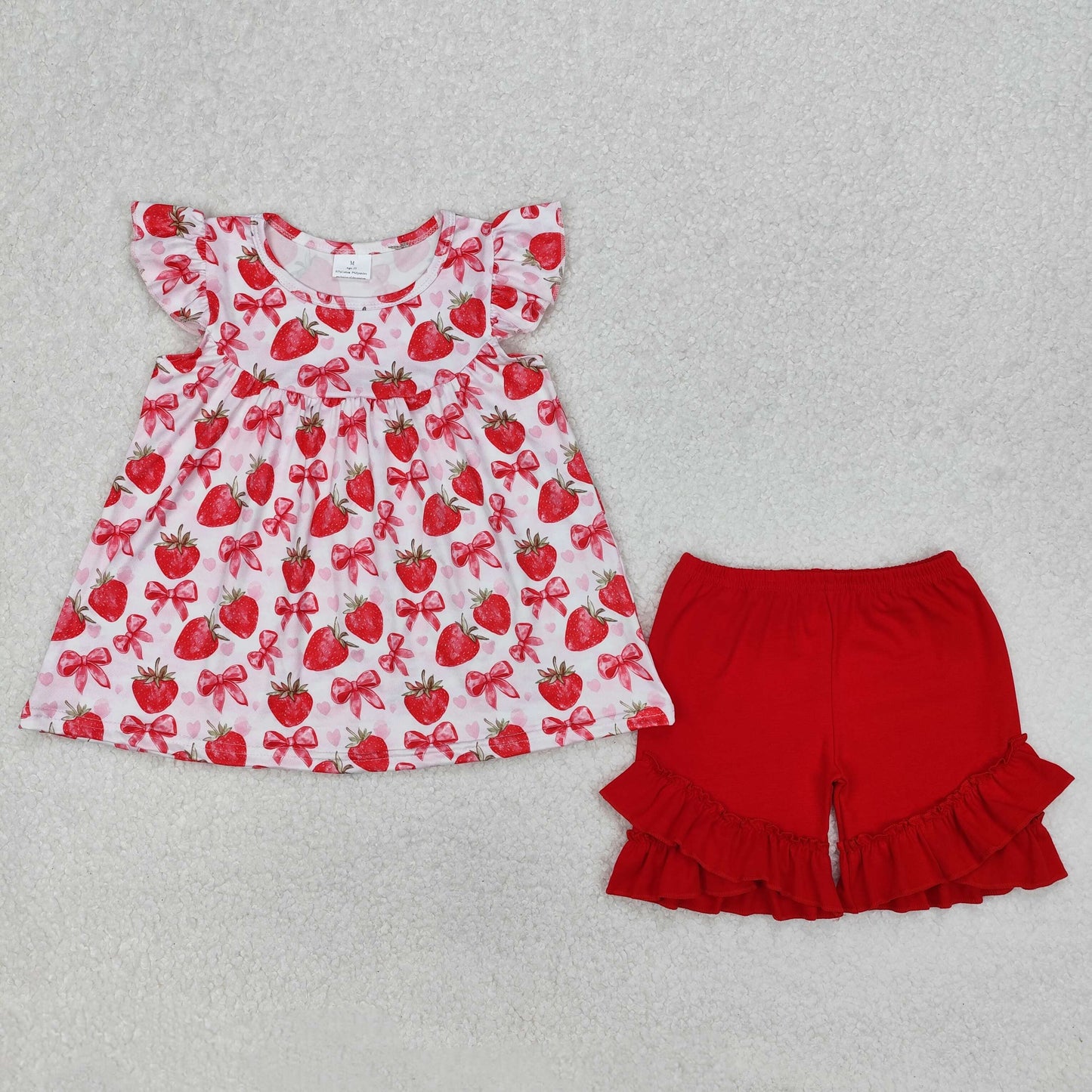 Baby Girl Short Sleeves Strawberry Bows Hearts Tunic Ruffle Red Shorts Clothes Set RTS