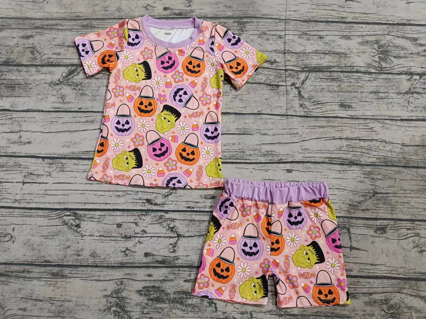 Baby Girl Short Sleeves Pumpkin Flower Shirt Shorts Halloween Set