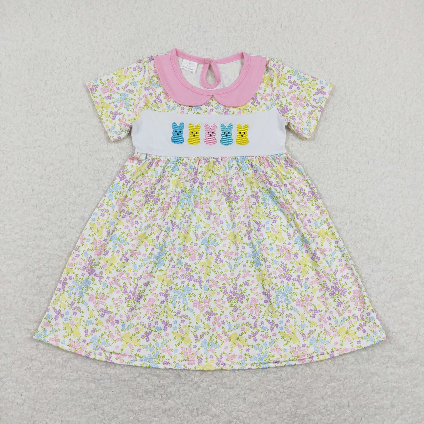 GSD0649 Baby Girl Easter Short Sleeves Embroidery Rabbits Floral Dress