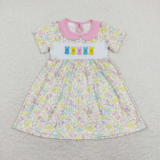 GSD0649 Baby Girl Easter Short Sleeves Embroidery Rabbits Floral Dress