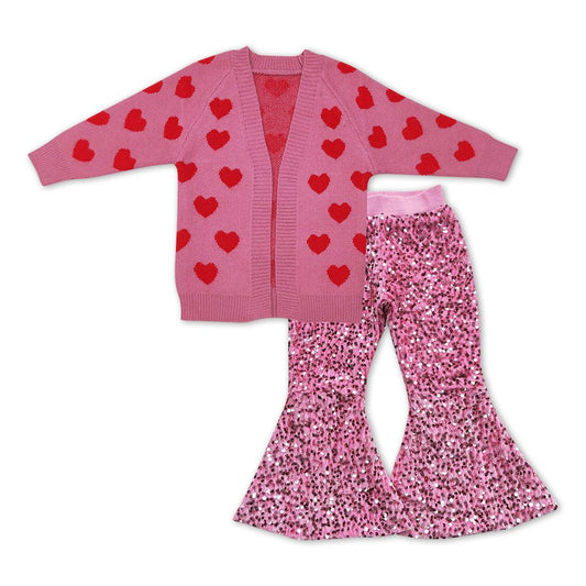 GLP1087 Baby Girl Long Sleeves Sweater Valentines Hearts Cardigan Pink Sequins Pants Outfit