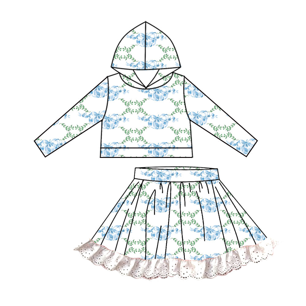 Baby Girl Fall Blue Pumpkin Hooded Tops Lace Skirts Clothes Set