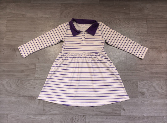 ( No moq ) Preorder Baby Girls Long Sleeves Purple Stripes Mardi Gras Knee Length Dress Clothes