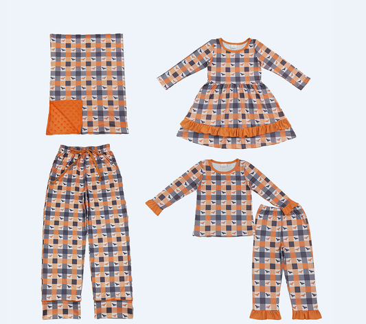 Sibling Family Baby Girls Adult Bats Plaid Halloween Dress Set Pajamas Pants Blanket Clothes RTS