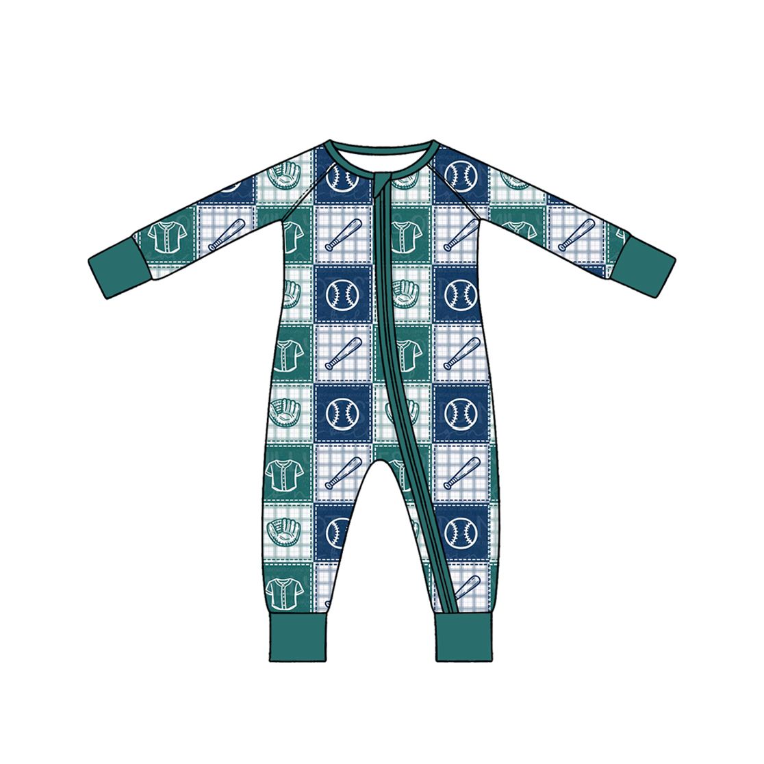( Moq 5 ) Preorder Baby Boys Kids Long Sleeves Baseball Plaid Zipper Footie Romper Blue Clothes