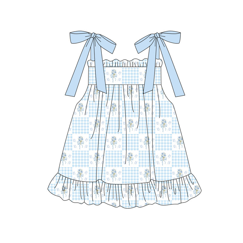 ( Moq 5 )  Preorder Baby Girls Kids Flower Bows Blue Plaid Ruffle Knee Length Dress