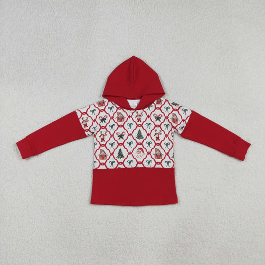Girls Kids Red Long Sleeves Bows Trees Santa Christmas Hoodie Shirt RTS