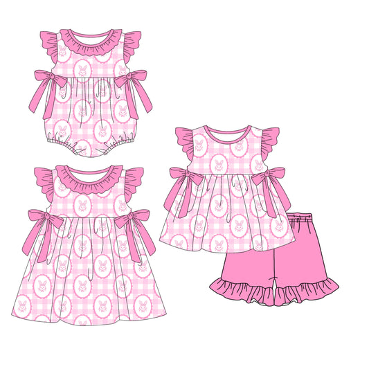 ( Moq 5 Each Style ) Baby Girls Kids Short Sleeves Rabbits Plaid Bows Sibling Easter Romper Dress Set