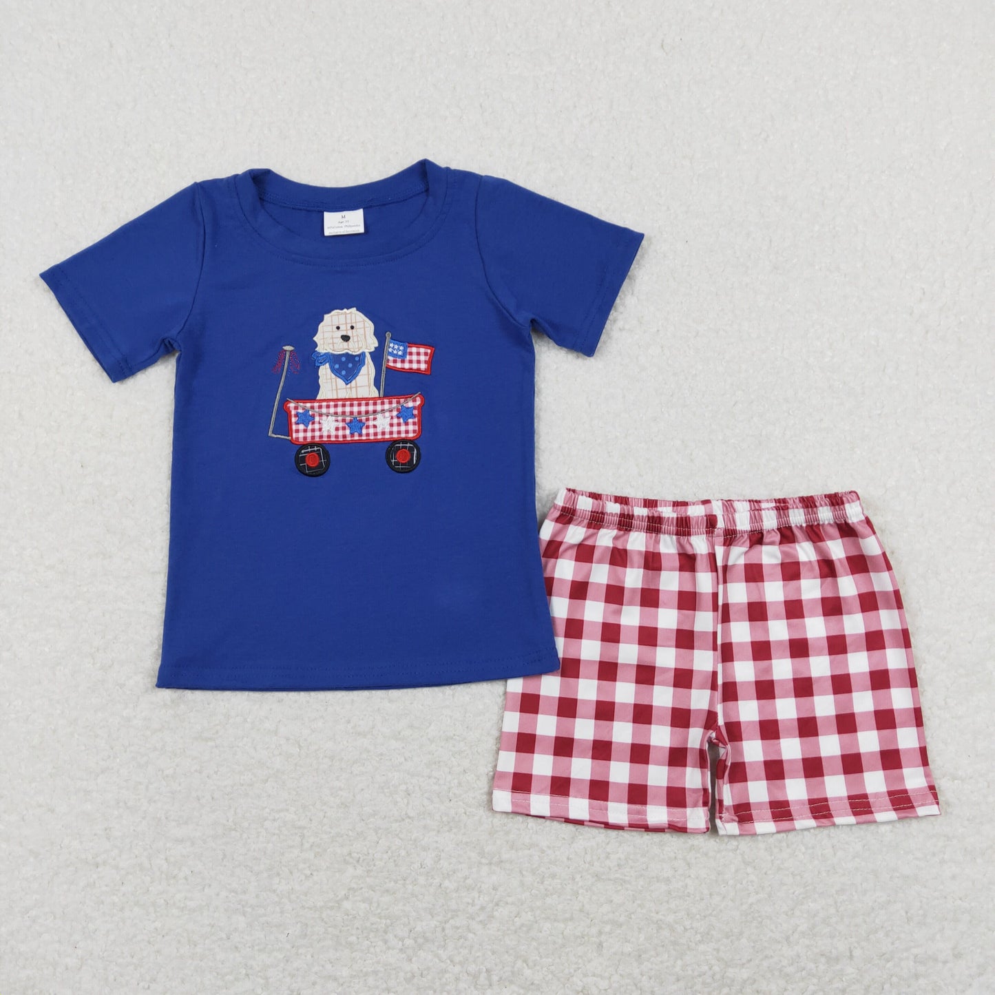 GSSO0460 July 4th Baby Girl Short Sleeves Embroidery Dog Shirt Plaid Ruffle Shorts Set