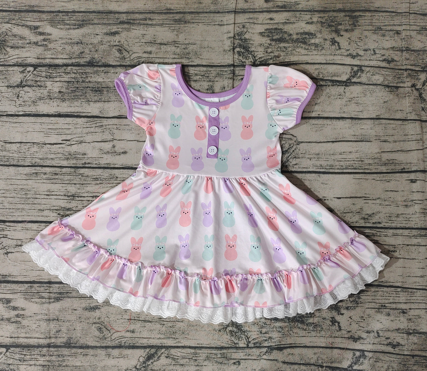 Baby Girl Short Sleeves Easter Rabbits Knee Length Dress