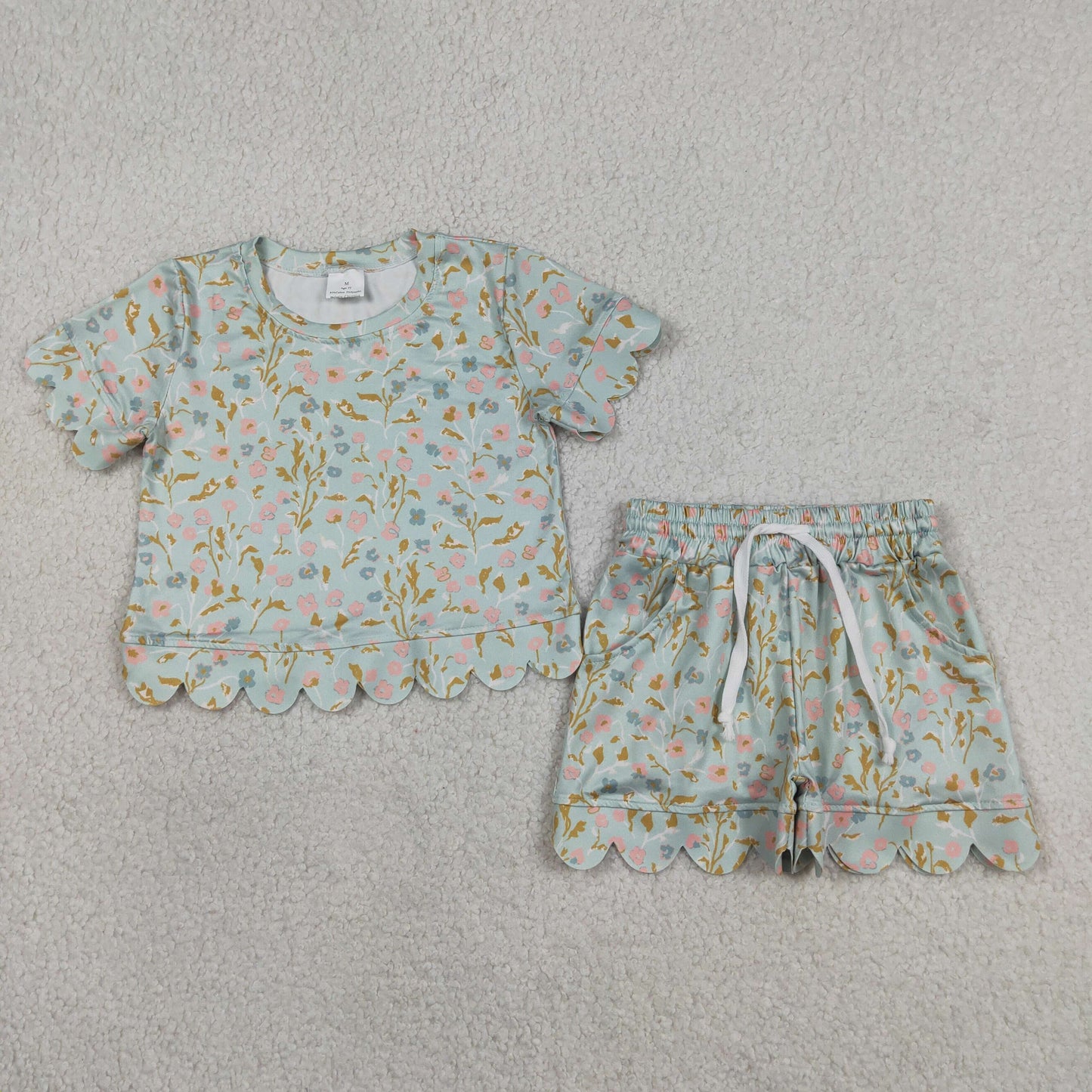 Baby Girls Toddler Short Sleeves Floral Shirt Scallop Shorts Summer Green Set RTS