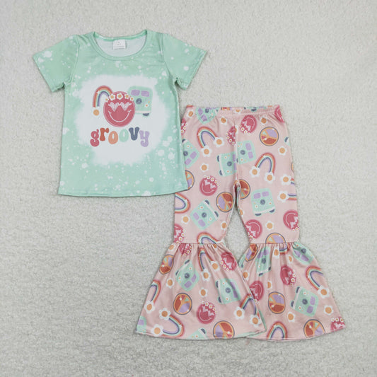 GSPO1254 Baby Girl Short Sleeves Groovy Shirt Bus Rainbow Bell Pants Peace Set