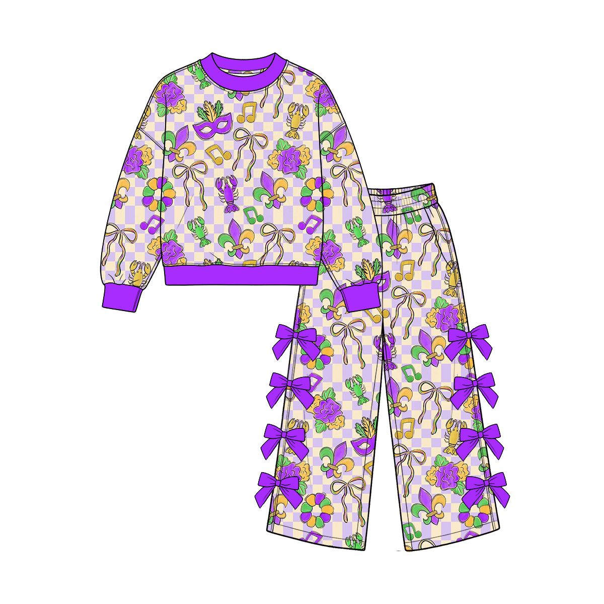( Moq 5 ) Preorder Baby Girls Kids Long Sleeves Masks Plaid Shirt Bows Pants Set Mardi Gras Clothes