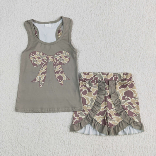 Baby Girl Sleeveless Bows Tops Green Camo Shorts Clothes Set RTS