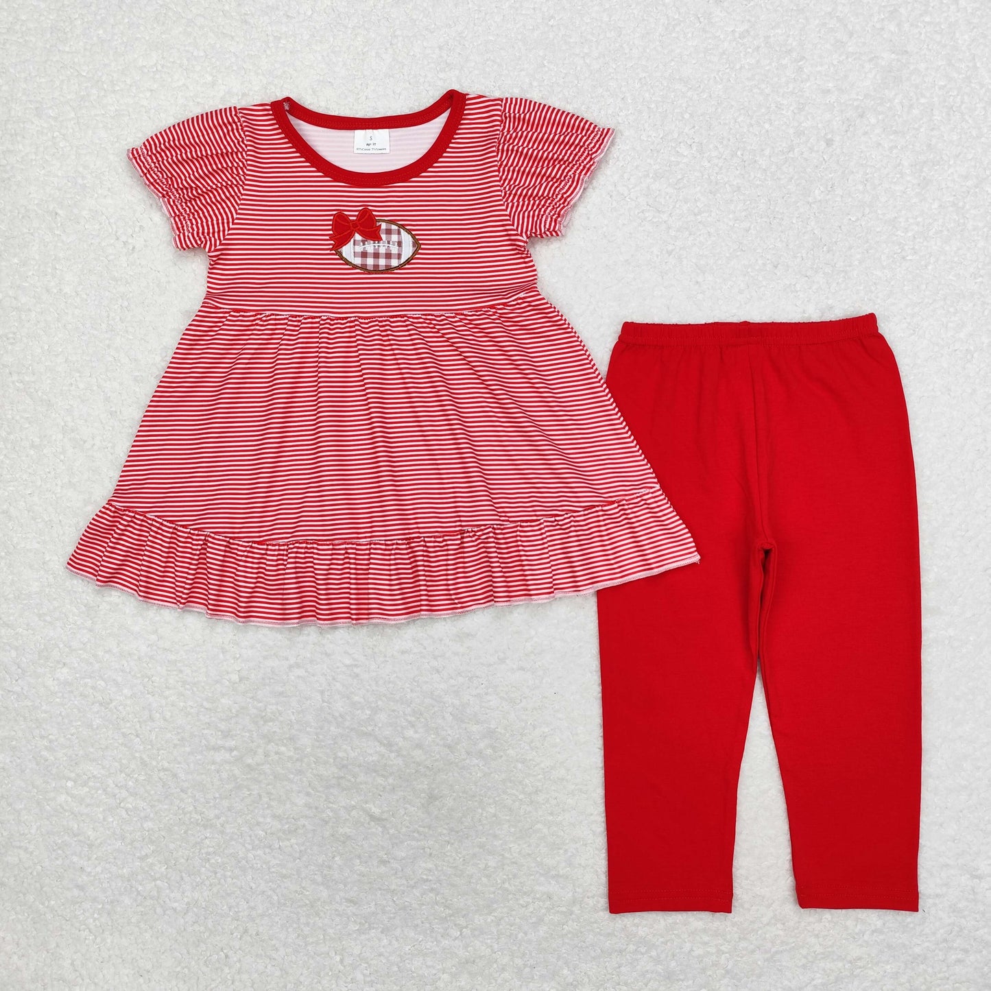 Baby Girl Short Sleeves Stripes Embroidery Football Tunic Red Pants Set