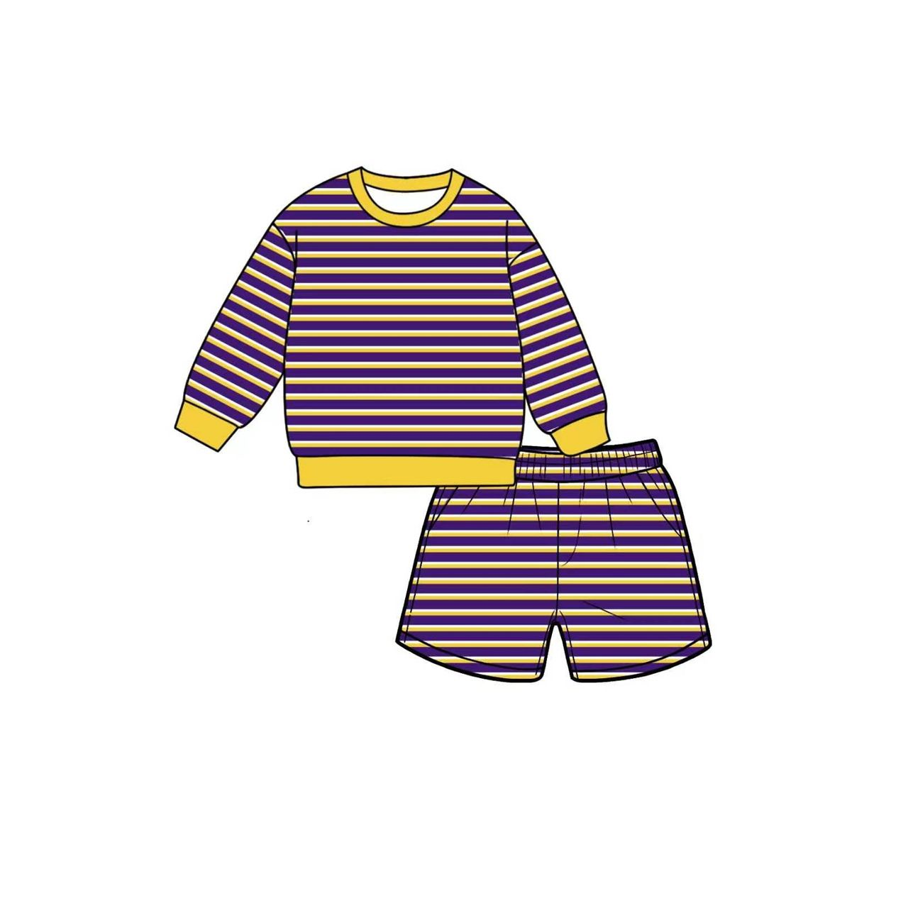 ( Moq 5 ) Preorder Baby Girls Kids Long Sleeves Purple Yellow Stripes Shirt Shorts Set Yoga Active Clothes