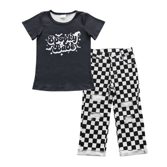 Baby Boy Short Sleeves Shirt Checkered Denim Pants Jeans Halloween Outfit