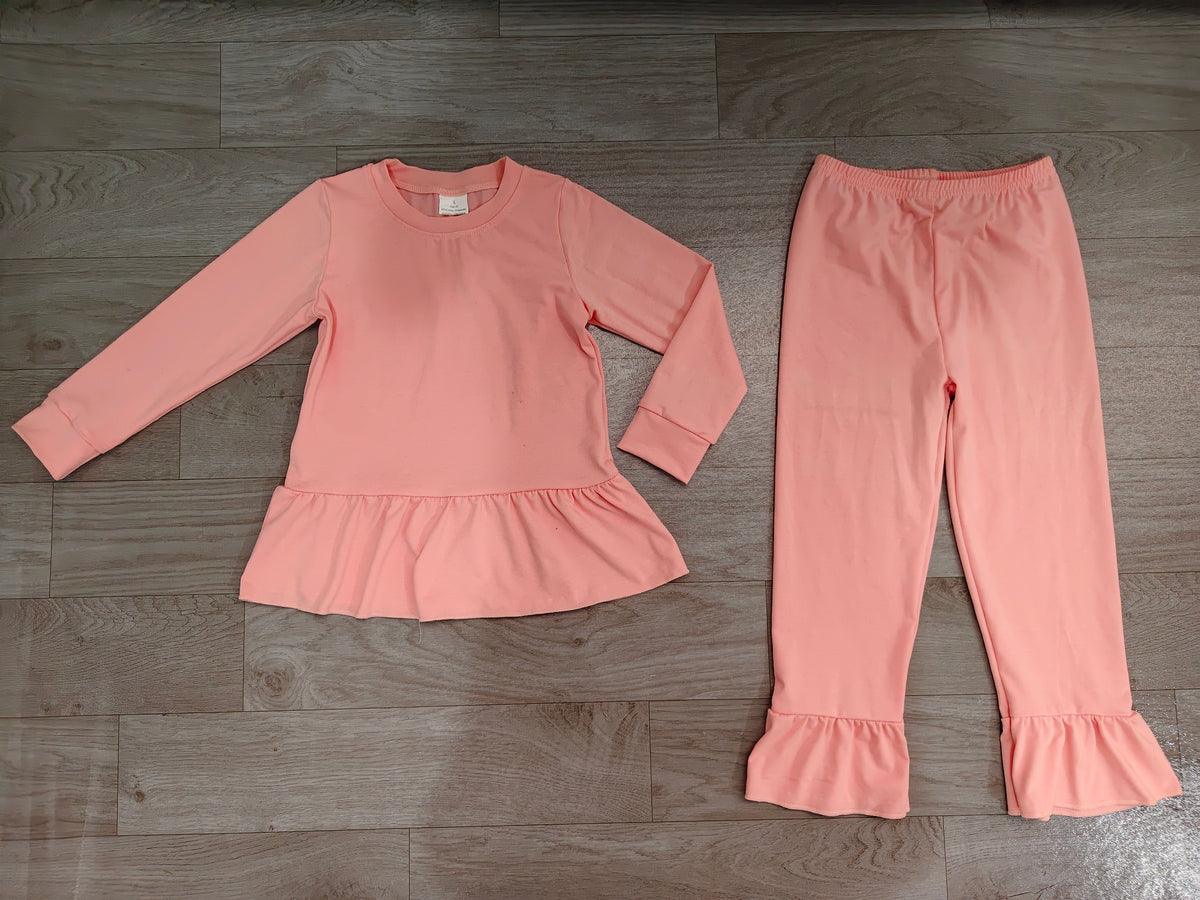 ( No moq ) Preorder Baby Girls Kids Long Sleeves Ruffle Tops Pants Pink Set Cotton Clothes