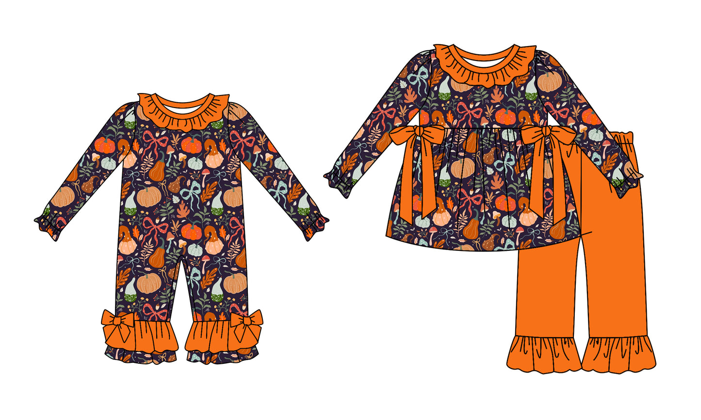 ( Moq 5 Each Style ) Sibling Baby Girls Kids Long Sleeves Pumpkins Bows Orange Romper Set Halloween Clothes