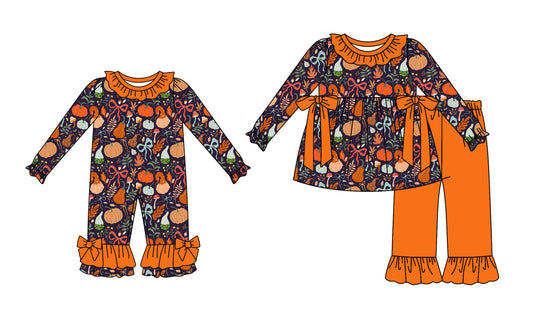( Moq 5 Each Style ) Sibling Baby Girls Kids Long Sleeves Pumpkins Bows Orange Romper Set Halloween Clothes