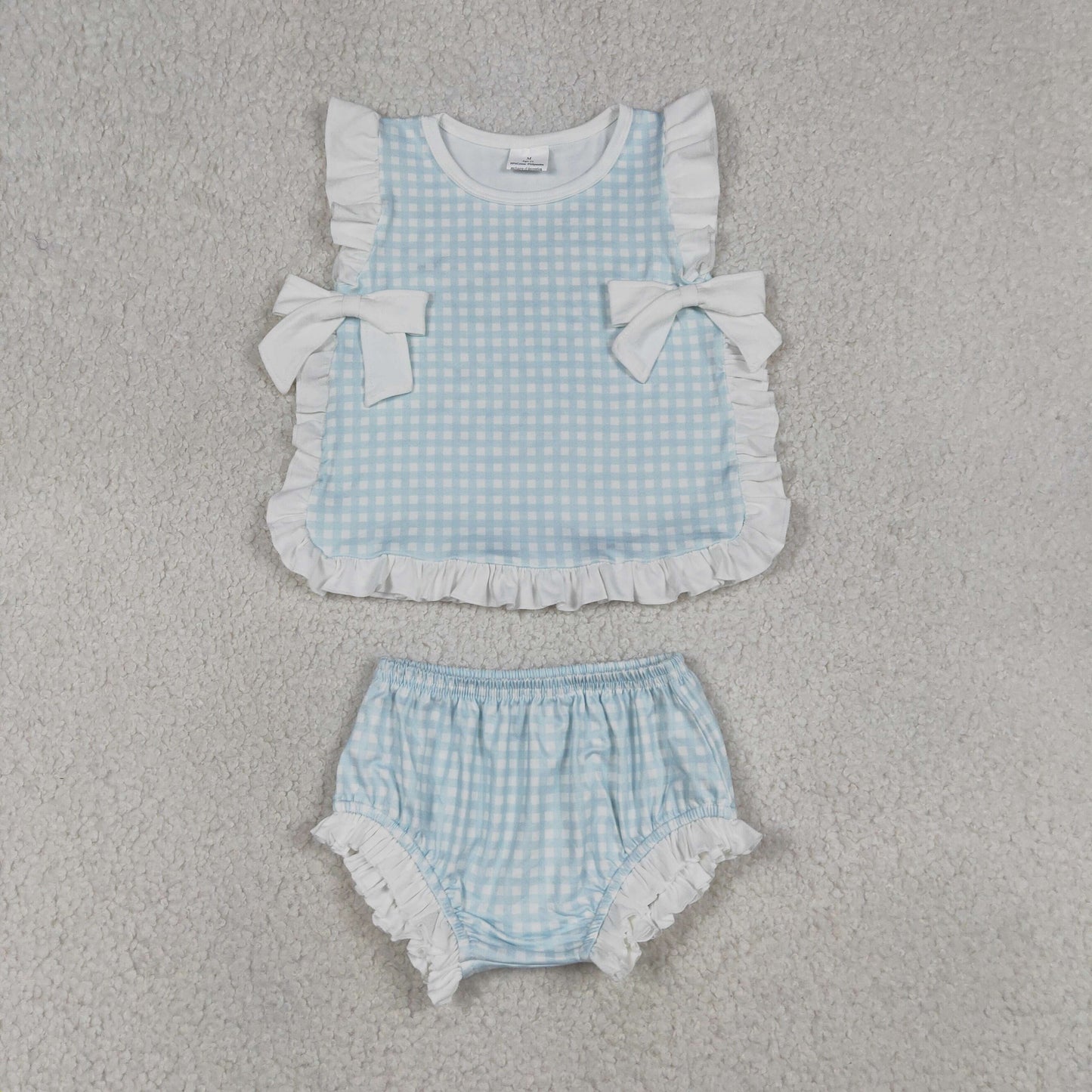 Baby Girl Kids Sleeveless Light Blue Bows Tops Plaid Bummie Shorts Set Clothes RTS