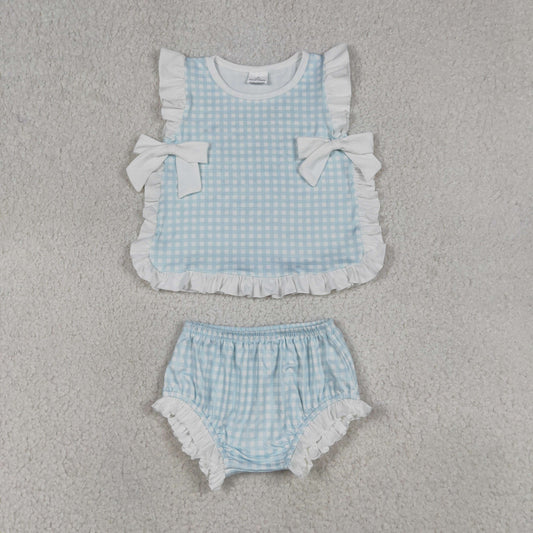 Baby Girl Kids Sleeveless Light Blue Bows Tops Plaid Bummie Shorts Set Clothes RTS
