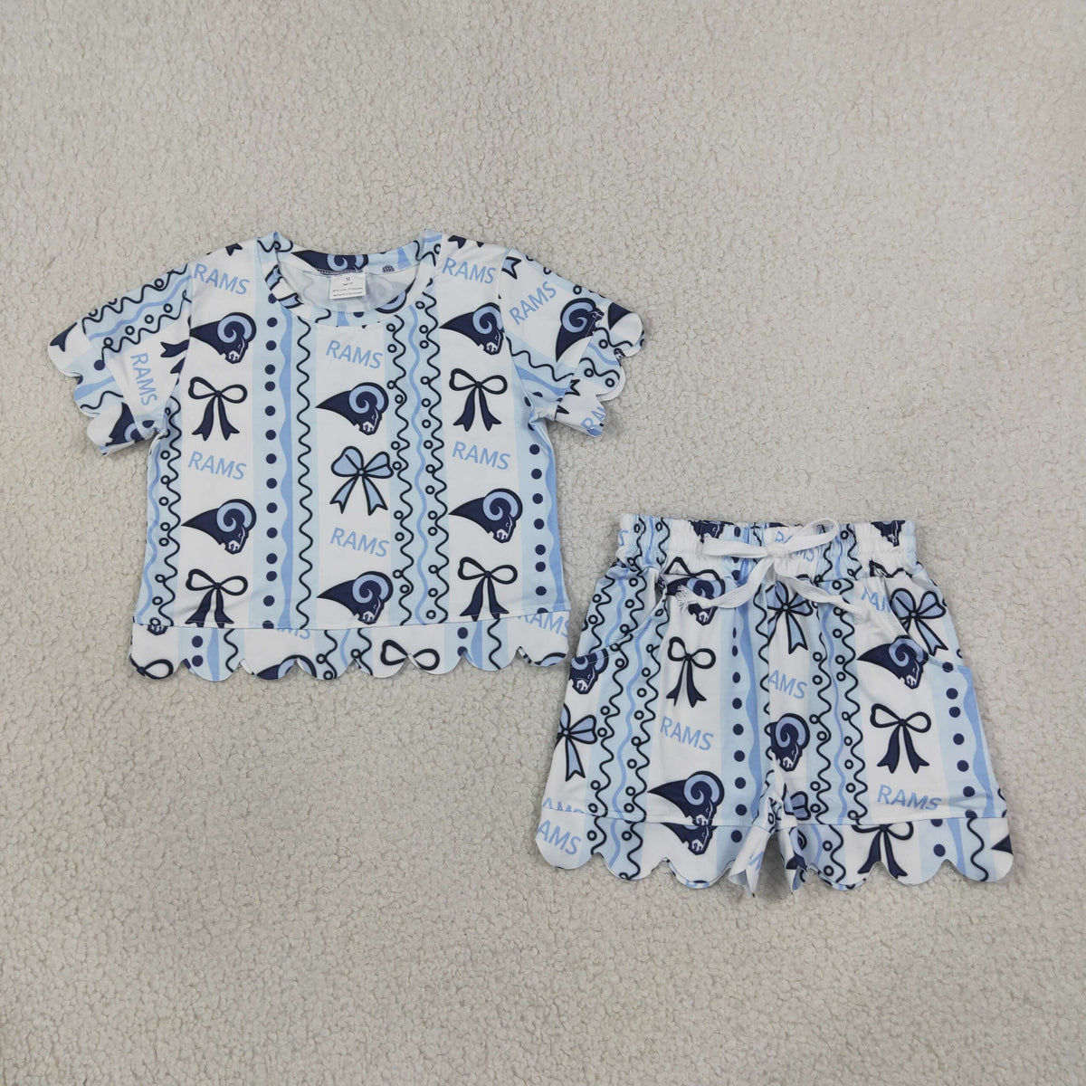 Baby Girls Kids Short Sleeves Blue Bows Shirt Scallop Shorts Set Team Clothes RTS