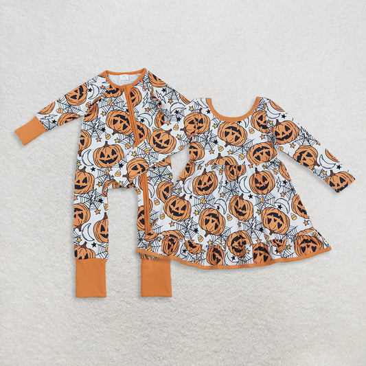 Boys Girls Toddler Long Sleeves Pumpkins Candy Corn Sibling Halloween Romper Dress RTS