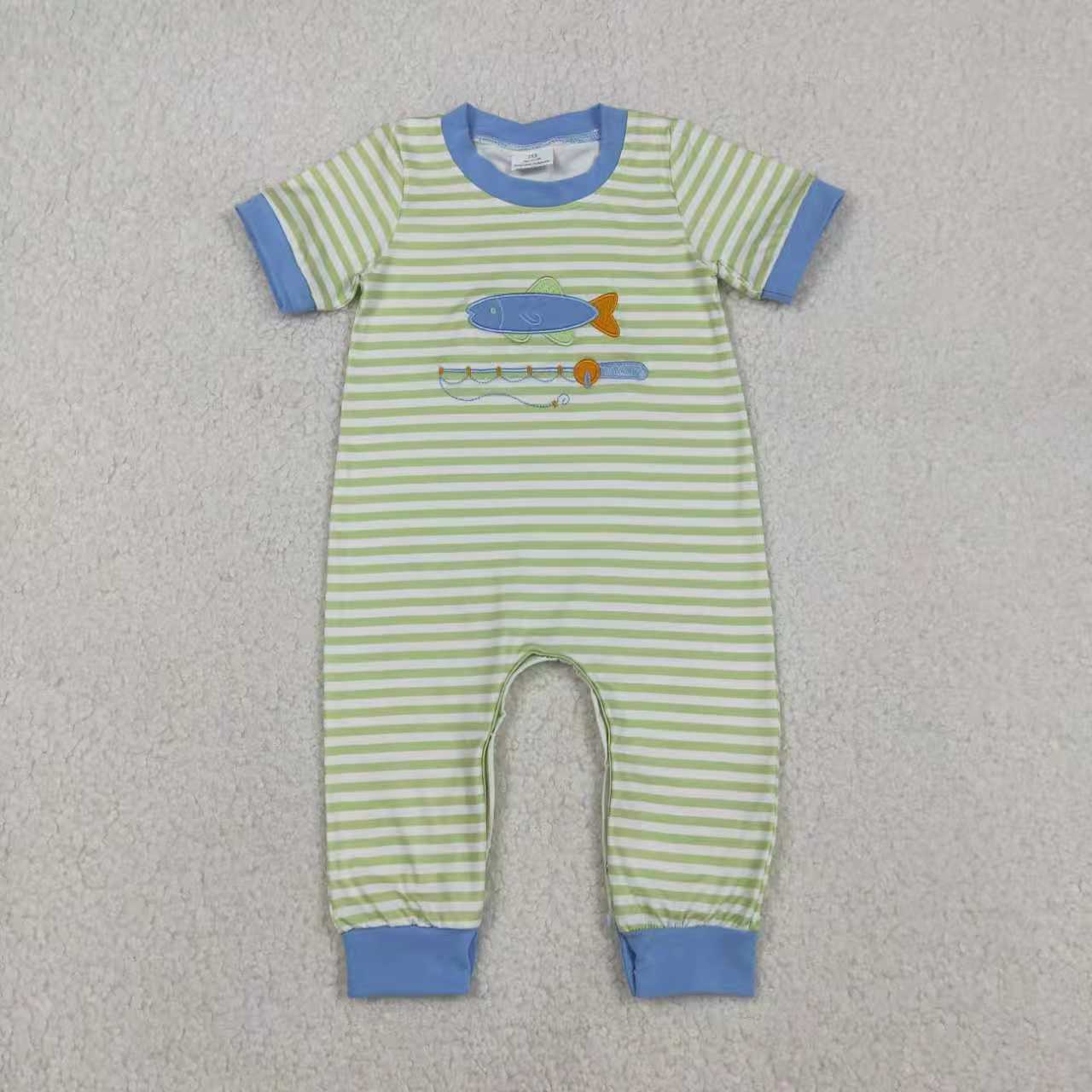Sibling Baby Boys Kids Stripes Short Sleeves Embroidery Fishing Romper Set RTS
