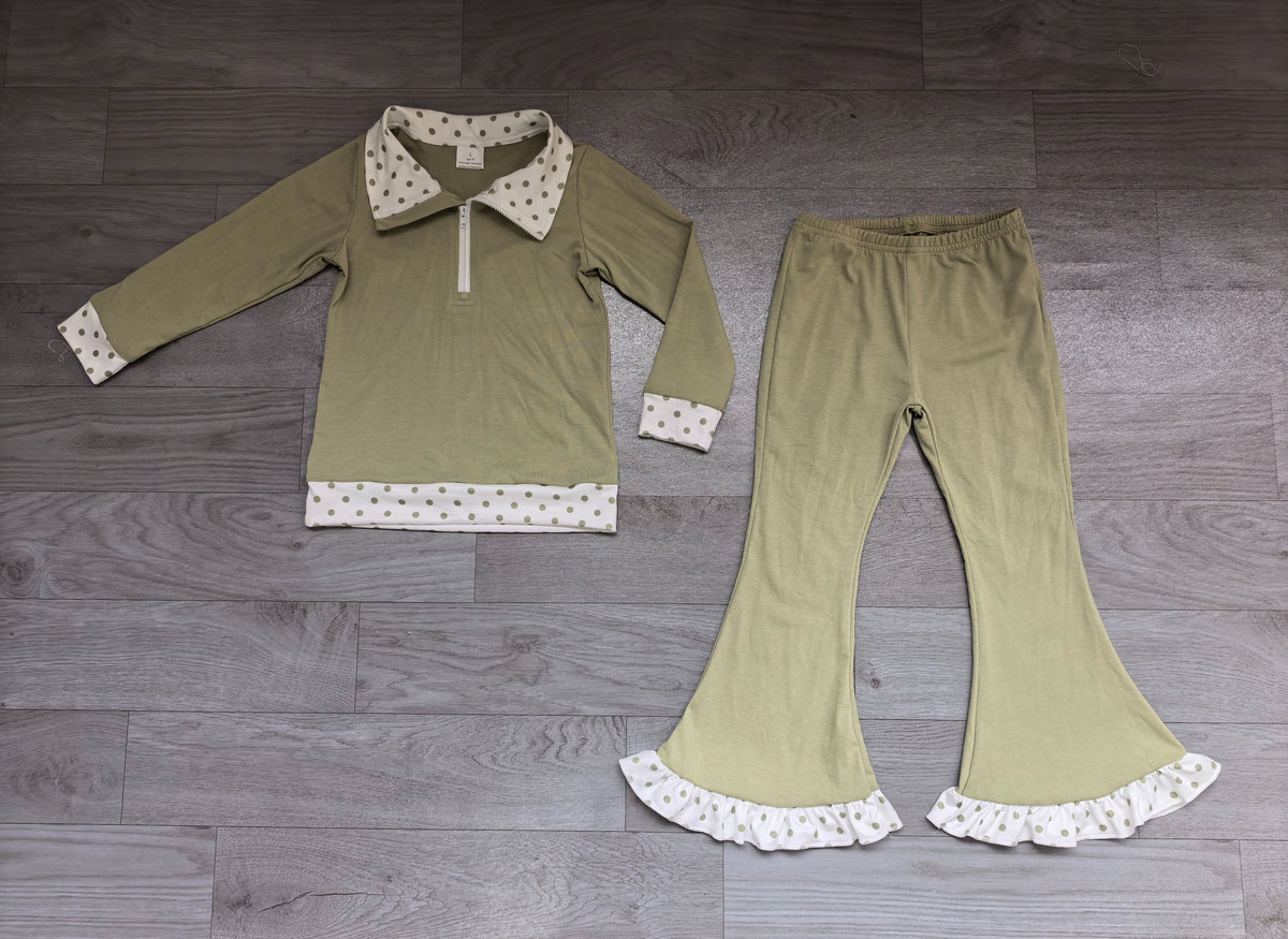 ( No moq ) Preorder Baby Girls Kids Long Sleeves Zipper Shirt Pants Green Set Clothes