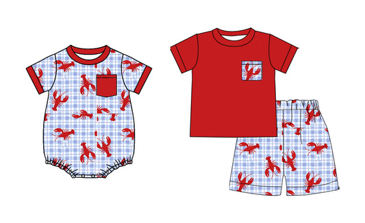 ( Moq 5 Each Style ) Sibling 4th of July Baby Boys Kids Crawfish Blue Plaid Shirt Shorts Set Romper