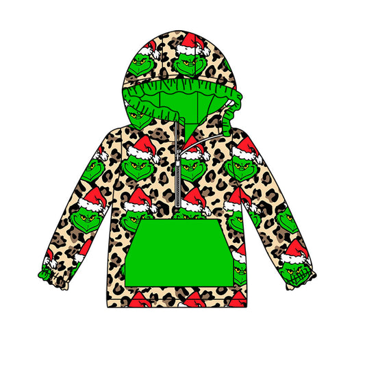 Baby Girl Face Leopard Christmas Hoodie Zipper Green Shirt