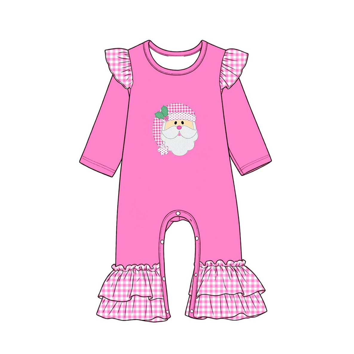 ( Moq 5 ) Preorder Baby Girls Kids Long Sleeves Christmas Santa Plaid Ruffle Pink Romper Clothes