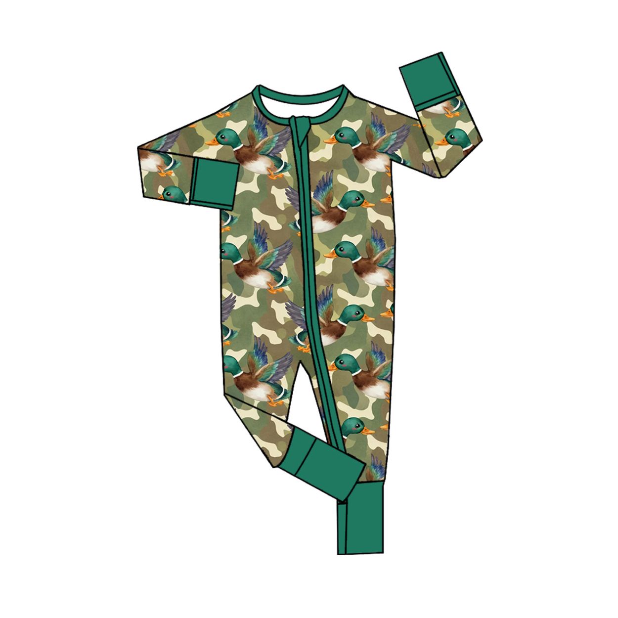 ( Moq 5 ) Preorder Baby Boys Infant Ducks Camo Green Zipper Footie Sleeper Romper Clothes