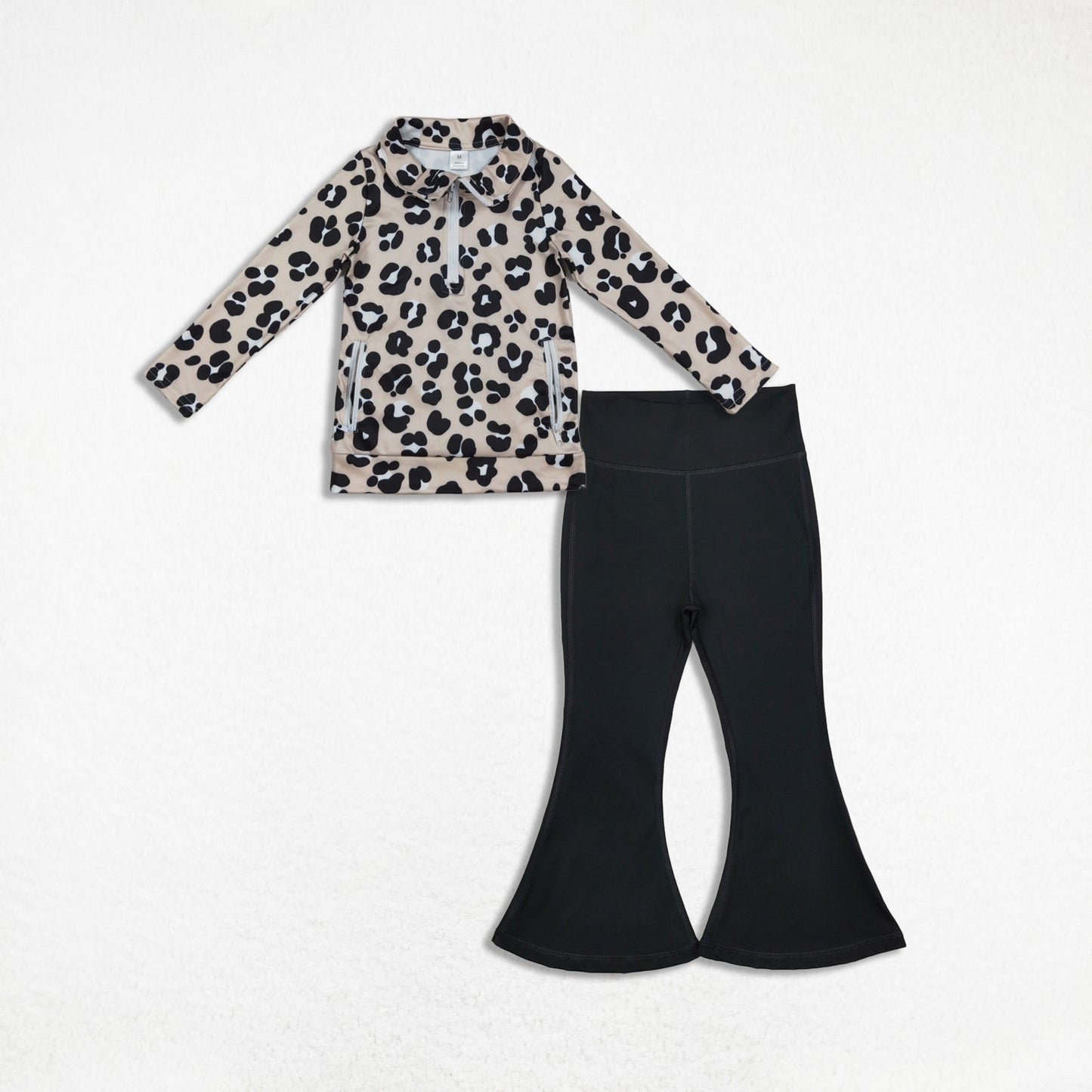 Kids Girls Long Sleeves Leopard Zipper Pockets Cardigan Black Pants Yoga Active Set RTS