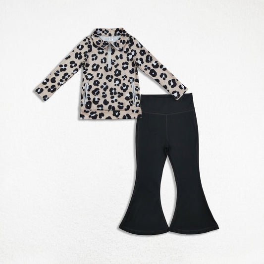 Kids Girls Long Sleeves Leopard Zipper Pockets Cardigan Black Pants Yoga Active Set RTS