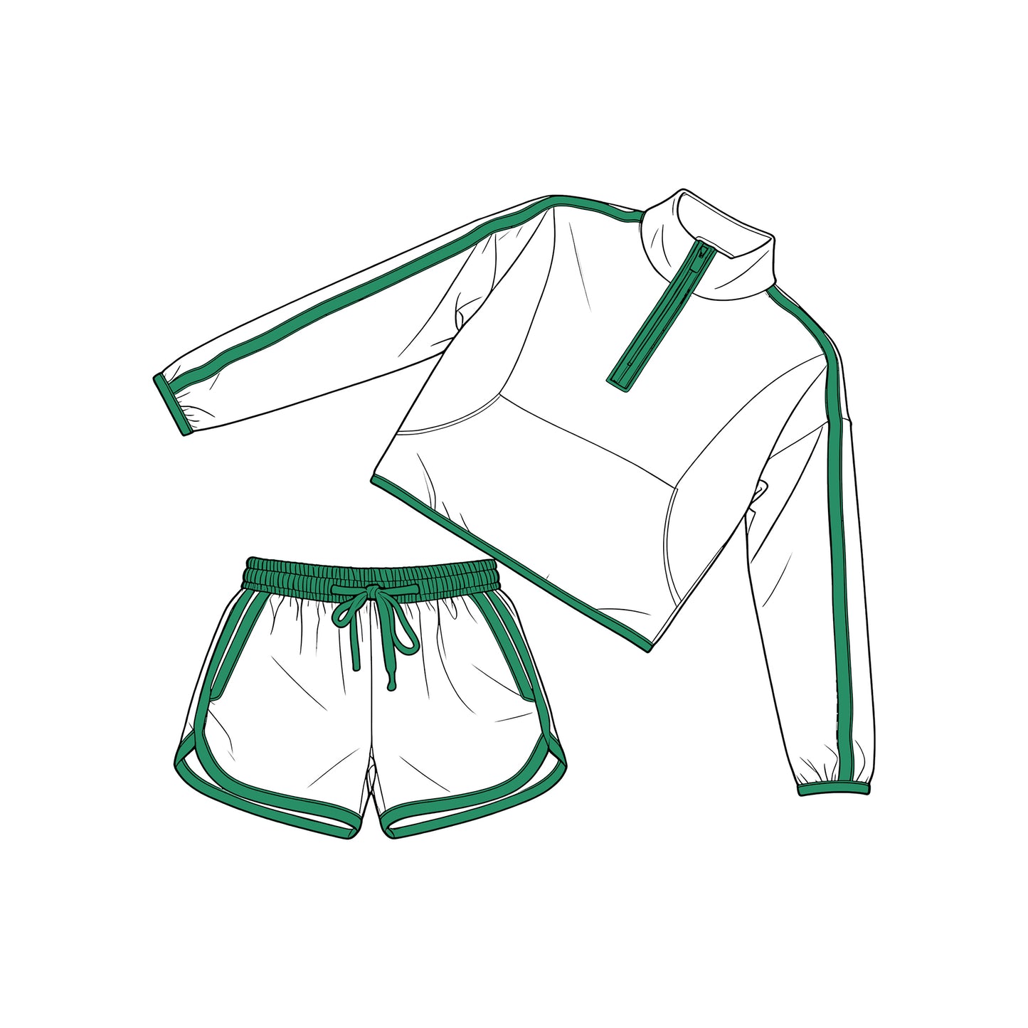( Moq 5 ) Preorder Baby Girls Kids Long Sleeves Green Zipper Tops Shorts White Set Clothes