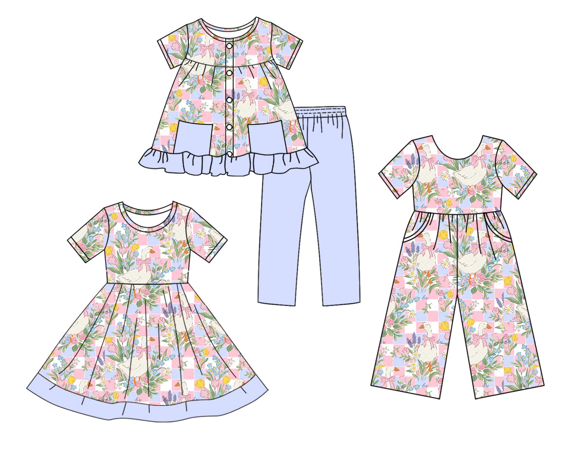 ( Moq 5 Each Style ) Sibling Baby Girls Kids Short Sleeves Flower Goose Bows Dress Jumpsuit Set Clothes