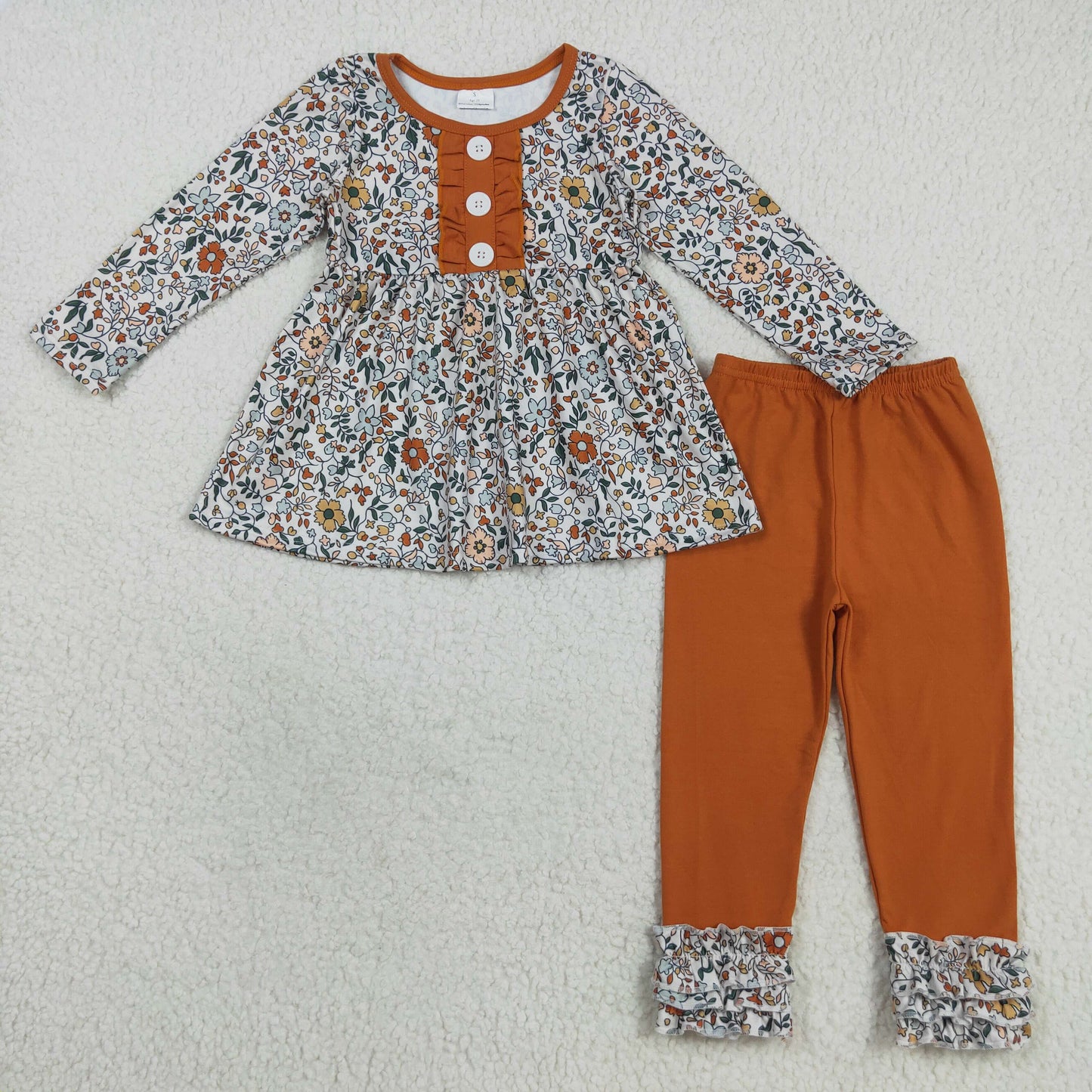 Baby Girl Long Sleeves Floral Buttons Tunic Ruffle Brown Pants Set RTS
