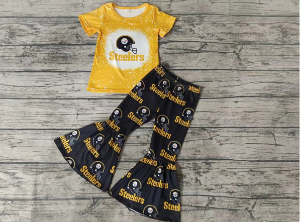 Baby Girl Short Sleeves Yellow Shirt Team Bell Pants Outfit Clothes Set