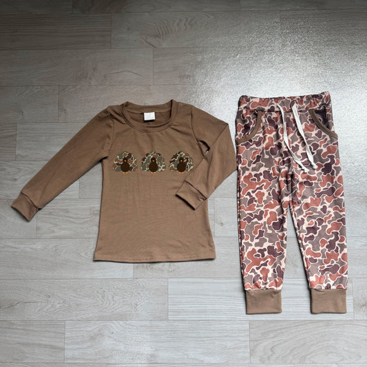 ( No moq ) Preorder Baby Boys Kids Embroidery turkey Shirt Pockets Camo Pants Fall Set Clothes