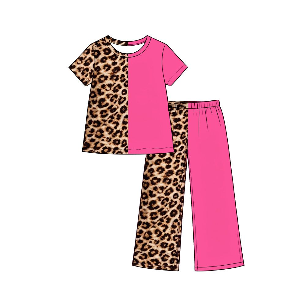 ( Moq 5 ) Preorder Baby Girls Kids Short Sleeves Shirt Leopard Pink Pants Set Clothes