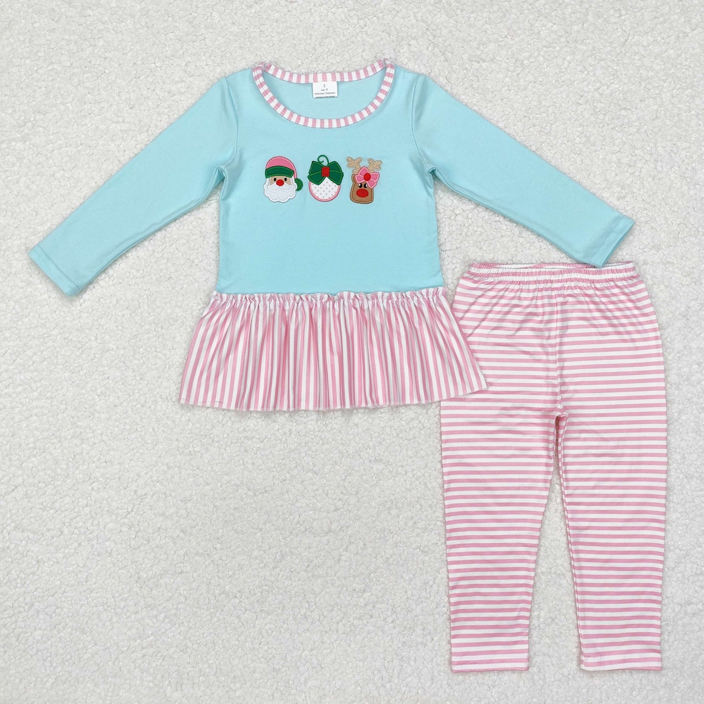 Baby Long Sleeves Girl Embroidery Christmas Santa Deer Tunic Stripes Pants Set